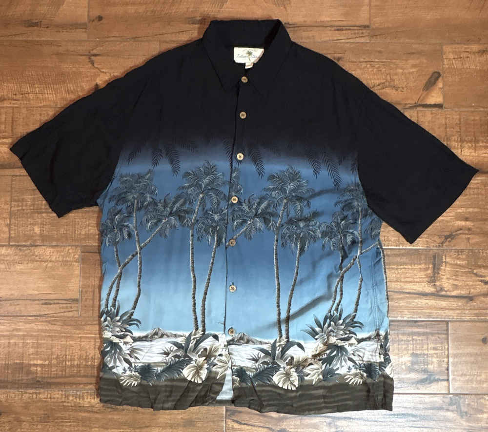 Island Shores Men's Black/Blue Palm Tree Print Short Sleeve Button-Up Shirt
